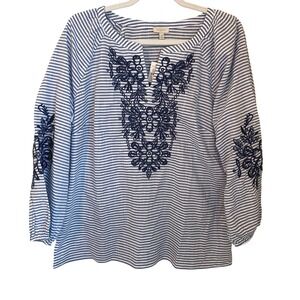 Talbots Womens Size M Striped Embroidered Blue White Popover Cotton Tunic Top